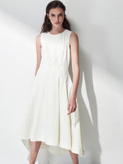 Sleeveless Linen Midi Dress with Asymmetric Hem and Soft Pleats