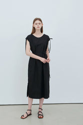 Sleeveless Linen Midi Dress with Waist Tie and Shoulder Drawstrings for Modern Minimal Style