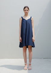 Sleeveless A-Line Linen Dress with Wide Shoulder Straps and Gathered Back Detail