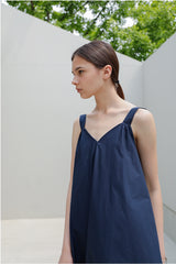 Sleeveless A-Line Linen Dress with Wide Shoulder Straps and Gathered Back Detail