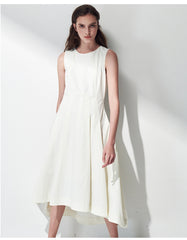 Sleeveless Linen Midi Dress with Asymmetric Hem and Soft Pleats