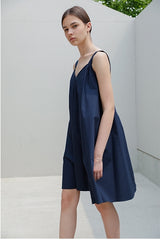 Sleeveless A-Line Linen Dress with Wide Shoulder Straps and Gathered Back Detail