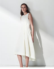 Sleeveless Linen Midi Dress with Asymmetric Hem and Soft Pleats