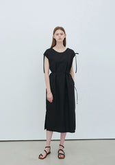 Sleeveless Linen Midi Dress with Waist Tie and Shoulder Drawstrings for Modern Minimal Style