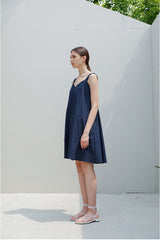 Sleeveless A-Line Linen Dress with Wide Shoulder Straps and Gathered Back Detail