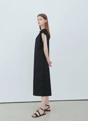 Sleeveless Linen Midi Dress with Waist Tie and Shoulder Drawstrings for Modern Minimal Style