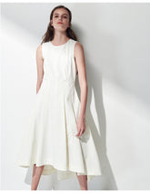 Sleeveless Linen Midi Dress with Asymmetric Hem and Soft Pleats