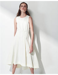 Sleeveless Linen Midi Dress with Asymmetric Hem and Soft Pleats