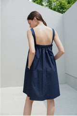 Sleeveless A-Line Linen Dress with Wide Shoulder Straps and Gathered Back Detail