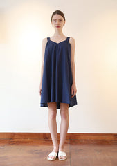 Sleeveless A-Line Linen Dress with Wide Shoulder Straps and Gathered Back Detail