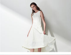 Sleeveless Linen Midi Dress with Asymmetric Hem and Soft Pleats