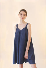 Sleeveless A-Line Linen Dress with Wide Shoulder Straps and Gathered Back Detail