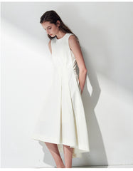 Sleeveless Linen Midi Dress with Asymmetric Hem and Soft Pleats