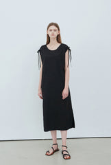 Sleeveless Linen Midi Dress with Waist Tie and Shoulder Drawstrings for Modern Minimal Style