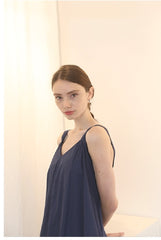 Sleeveless A-Line Linen Dress with Wide Shoulder Straps and Gathered Back Detail