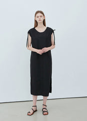 Sleeveless Linen Midi Dress with Waist Tie and Shoulder Drawstrings for Modern Minimal Style