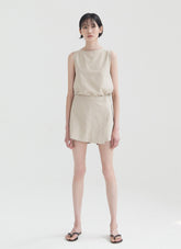 Wrap-Front Linen Short Skirt with Hidden Inner Shorts and Tailored Waistband Detail