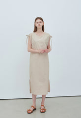 Sleeveless Adjustable Linen Midi Dress with Shoulder Ties and Detachable Waist Belt Detail