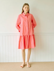 Crisp Cotton Poplin Shirt Dress with Gathered Drop Waist and Long Sleeves for Elegant Style