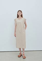 Sleeveless Adjustable Linen Midi Dress with Shoulder Ties and Detachable Waist Belt Detail