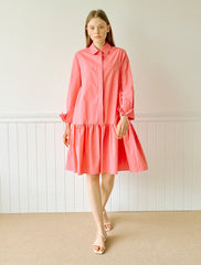 Crisp Cotton Poplin Shirt Dress with Gathered Drop Waist and Long Sleeves for Elegant Style