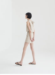 Wrap-Front Linen Short Skirt with Hidden Inner Shorts and Tailored Waistband Detail