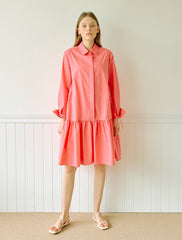 Crisp Cotton Poplin Shirt Dress with Gathered Drop Waist and Long Sleeves for Elegant Style