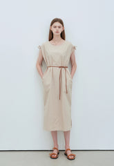 Sleeveless Adjustable Linen Midi Dress with Shoulder Ties and Detachable Waist Belt Detail