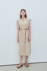 Sleeveless Adjustable Linen Midi Dress with Shoulder Ties and Detachable Waist Belt Detail
