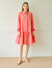 Crisp Cotton Poplin Shirt Dress with Gathered Drop Waist and Long Sleeves for Elegant Style