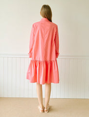 Crisp Cotton Poplin Shirt Dress with Gathered Drop Waist and Long Sleeves for Elegant Style