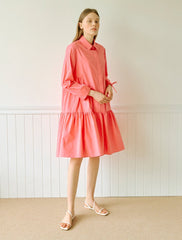 Crisp Cotton Poplin Shirt Dress with Gathered Drop Waist and Long Sleeves for Elegant Style
