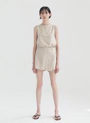 Wrap-Front Linen Short Skirt with Hidden Inner Shorts and Tailored Waistband Detail