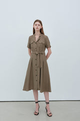Elegant Short Sleeve Button-Front Linen Dress with Waist Tie and Flared Midi Hemline