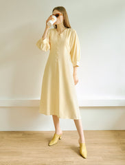 Elegant Midi-Length Linen Dress With Puff Sleeves And Covered Button Detailing
