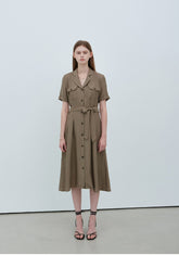 Elegant Short Sleeve Button-Front Linen Dress with Waist Tie and Flared Midi Hemline