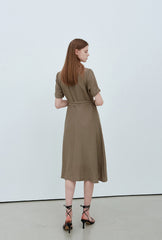 Elegant Short Sleeve Button-Front Linen Dress with Waist Tie and Flared Midi Hemline