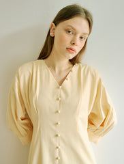 Elegant Midi-Length Linen Dress With Puff Sleeves And Covered Button Detailing