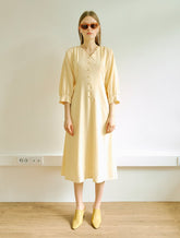 Elegant Midi-Length Linen Dress With Puff Sleeves And Covered Button Detailing