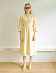 Elegant Midi-Length Linen Dress With Puff Sleeves And Covered Button Detailing
