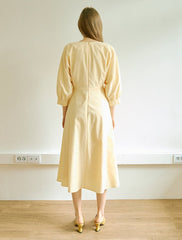Elegant Midi-Length Linen Dress With Puff Sleeves And Covered Button Detailing