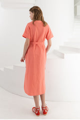 Short-Sleeve Button-Front Linen Dress With Waist Tie And Side Slit Hem Detail