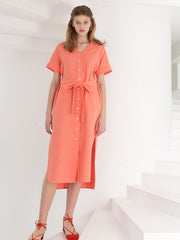 Short-Sleeve Button-Front Linen Dress With Waist Tie And Side Slit Hem Detail