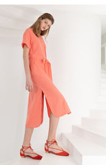 Short-Sleeve Button-Front Linen Dress With Waist Tie And Side Slit Hem Detail