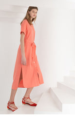 Short-Sleeve Button-Front Linen Dress With Waist Tie And Side Slit Hem Detail