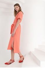 Short-Sleeve Button-Front Linen Dress With Waist Tie And Side Slit Hem Detail