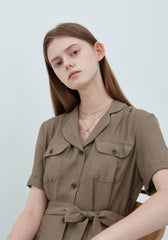 Elegant Short Sleeve Button-Front Linen Dress with Waist Tie and Flared Midi Hemline