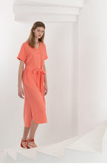 Short-Sleeve Button-Front Linen Dress With Waist Tie And Side Slit Hem Detail