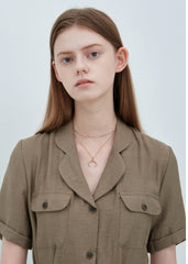 Elegant Short Sleeve Button-Front Linen Dress with Waist Tie and Flared Midi Hemline