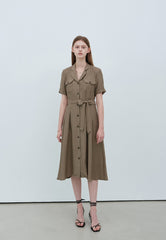 Elegant Short Sleeve Button-Front Linen Dress with Waist Tie and Flared Midi Hemline
